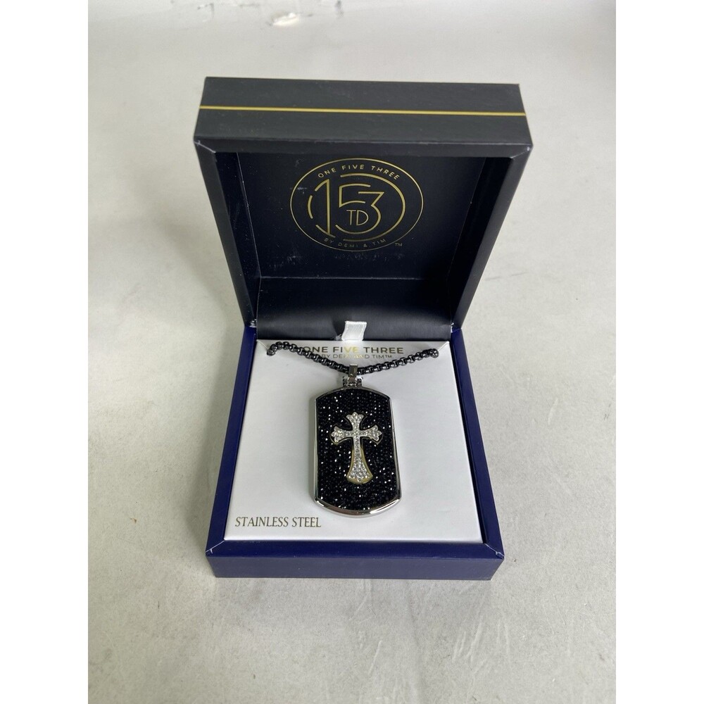 Faith Jewelry Mens Stainless Steel Two Tone Crystal Cross Tag Pendant Necklace - Picture 2 of 10